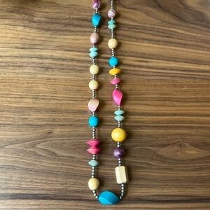 Vintage Long Chunky Colorful Beaded Necklace silver Pink blue Wood